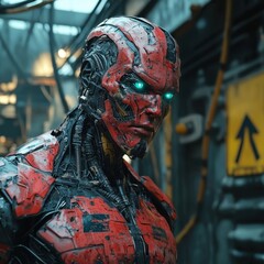 Obraz premium A futuristic robot with red armor and glowing blue eyes stands in a dimly lit industrial setting, showcasing advanced technology and artistry.