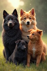 Black dog and red dog sitting on the green grass with black and red puppies sunset background