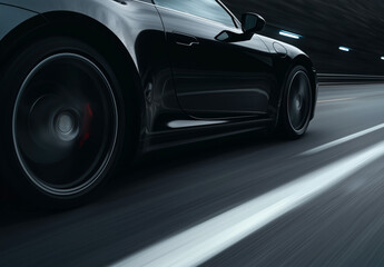Fototapeta premium Black luxury sports car speeding through tunnel at night, side angle motion blur capturing speed and performance