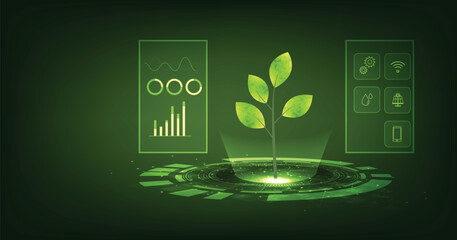 Smart farm technology.Mobile phone where technology is used to control production growth, crop care, Solar cell, water.
