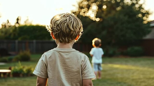 1_A confident child directing a play with friends in a backyard