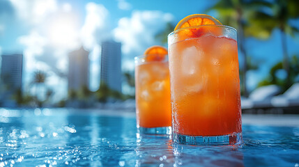 Poolside bliss: Refreshing orange cocktails glistening by the city skyline under a bright summer sun.