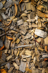 Wooden chip mulch ground's fragment. A textured background of wooden chips commonly used in mulching for landscaping and gardening