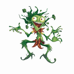 Obraz premium Playful green monster illustration with wild hair, big eyes, and crazy expressions, ideal for kids’ designs, games, posters, and cartoons.