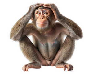 thoughtful monkey sitting in contemplative pose, showcasing mix of curiosity and concern. animal expressive face and posture evoke sense of introspection and emotion