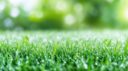 Fototapeta premium Lush green grass covered in morning dew. Fresh, vibrant, and healthy