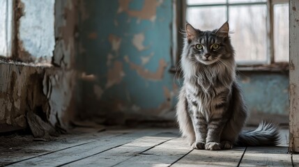Gray Tabby Cat in a Dilapidated Room