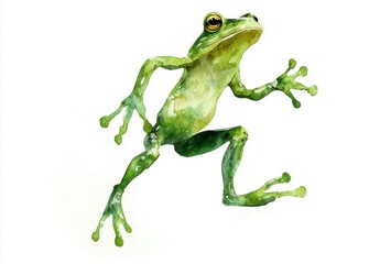 Fototapeta premium Green Frog Running on White Background Digital Painting