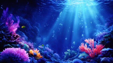 Naklejka premium Underwater world with colorful marine life coral reefs and sunlight rays