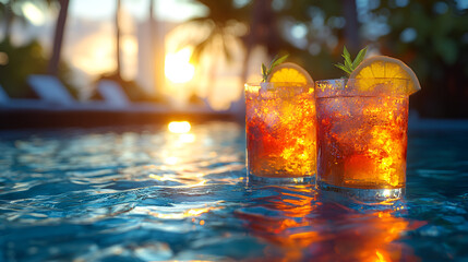 Two amber cocktails float in a shimmering pool at sunset, reflecting the warm golden light and tranquil atmosphere of a luxurious tropical resort.