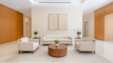 Fototapeta premium Modern Lobby Interior: An inviting and modern lobby with minimalist design, comfortable seating, and tasteful decor, creates an atmosphere of calm elegance.