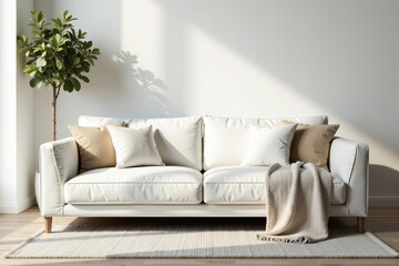 Elegant scandinavian white sofa with throw pillows and cozy blanket in a modern home, interior decor, white