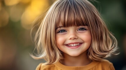 Fototapeta premium Young girl with blonde hair and a yellow shirt is smiling. She has a big smile on her face and her eyes are wide open