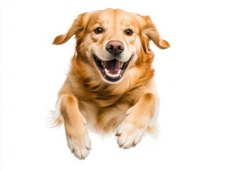 Fototapeta premium Joyful Golden Retriever Dog Leaping Against White Background