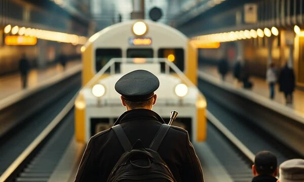 A train conductor in a black coat and hat watches passengers and train at station.