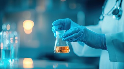 Scientist in White Coat Holding Laboratory Flask with Orange Liquid in Scientific Research Environment with Equipment, Focused on Experiments for Analysis
