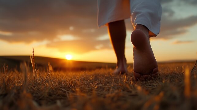 Barefoot walk at sunset.  A person walks barefoot across a golden field at sunset - Powered by Adobe
