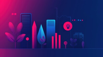 Fototapeta premium Abstract illustration of modern cityscape with colorful geometric shapes, plants, and digital elements representing urban technology and innovation concepts