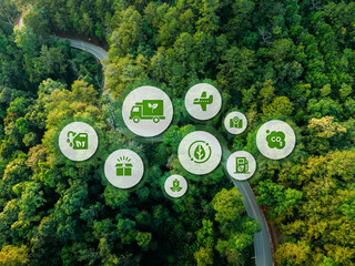 Transportation and nature conservation or logistics concept icons and aerial view roads