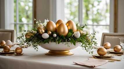 Elaborate Easter centerpiece featuring golden eggs and fresh floral arrangements in a bright dining room