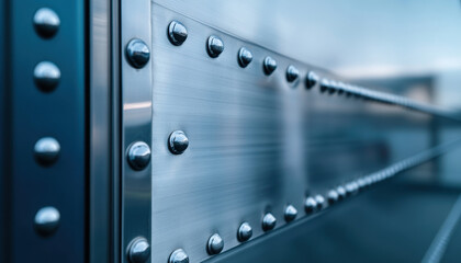 Stainless steel side panels featuring rivets capture natural light against a modern industrial backdrop. The sleek surface highlights craftsmanship and design details in this urban environment