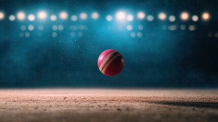 Vibrant Red Cricket Ball in Mid-Air Against a Dramatic Background of Sports Venue Lights and Atmospheric Effects