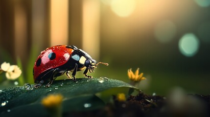 Ladybug is standing on a leaf in a garden. The image has a peaceful and serene mood, as the ladybug is surrounded by flowers and plants