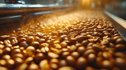 Golden river of freshly roasted coffee beans flowing on a conveyor belt, illuminated by warm factory lights creating a rich and aromatic scene.