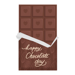Happy Chocolate day greeting card. Vector chocolate bar in flat style, hand written calligraphy isolated on white background