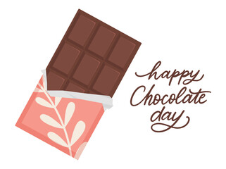 Happy Chocolate day greeting card. Vector chocolate bar in flat style, hand written calligraphy isolated on white background