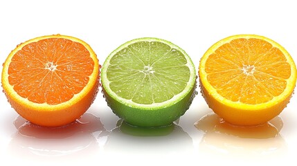 Halved oranges and lime on white.