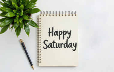 Happy Saturday Notepad with Green Plant and Pen on White Desk