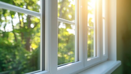 Fototapeta premium Bright Sunlight Streaming Through a White Window Frame Showing Lush Green Trees