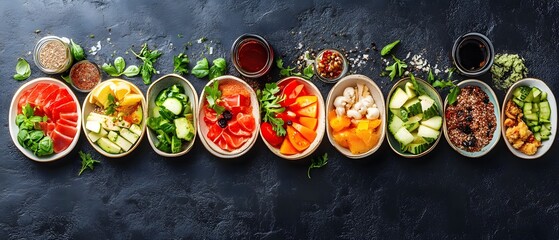 Delicious Healthy Food Bowls: Assorted Salads, Sashimi, and Vegetables