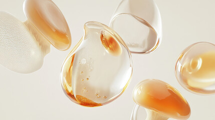 essential Oil Bubbles for cosmetics in water. gold liquid bubbles, fluid flow. Collagen, atoms floating, Moisturizing Cream, Skin Serum, Vitamin, beauty concept, 3d render