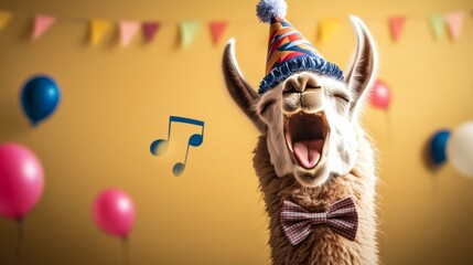 Llama wearing a hat and bow tie is singing and surrounded by balloons. The balloons are in various colors and sizes, and they are scattered around the llama. The scene is playful and festive