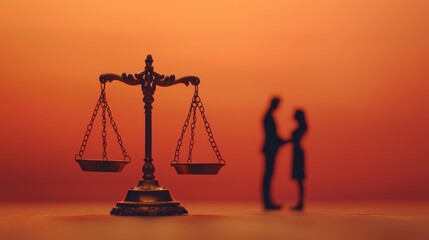 Silhouetted Couple Holding Hands with Scales of Justice in Glowing Orange Sunset Background Symbolizing Love and Fairness in Relationships