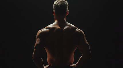 Power athletic man with great physique. Strong bodybuilder showing his shoulders and back