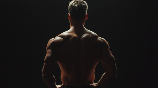 Power athletic man with great physique. Strong bodybuilder showing his shoulders and back