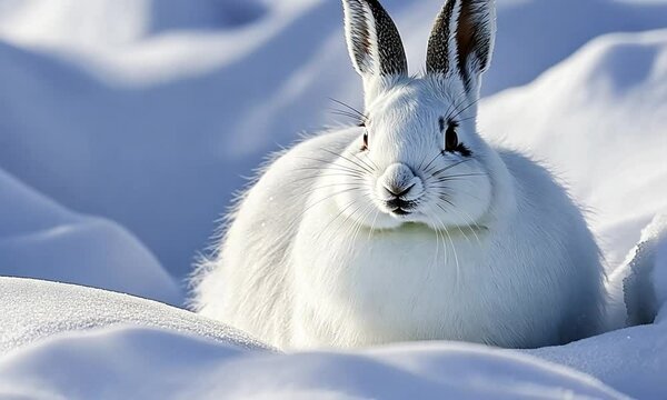 A pristine white arctic hare with distinctive black-tipped ears sitting serenely in the snow.