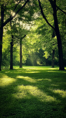 Fototapeta premium Serene forest background with sunlight streaming through lush trees and casting shadows on vibrant green grass, perfect as phone background wallpaper