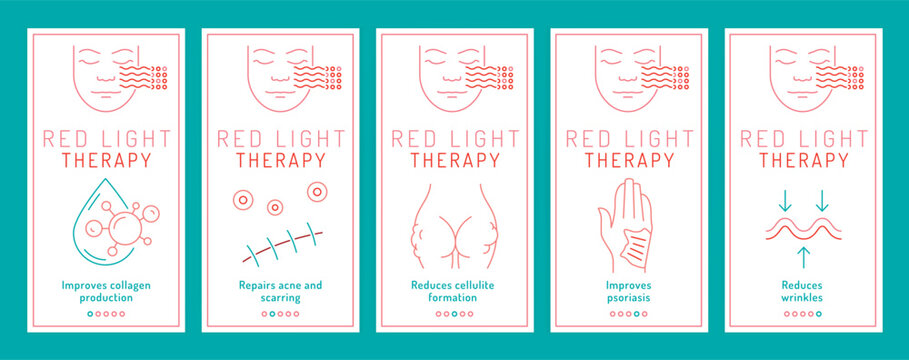 Red light therapy banners with linear icons.