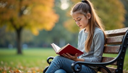 Obraz premium Young girl reading a book on a bench in a park during autumn 