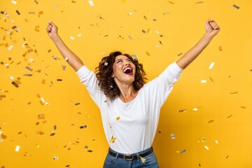 Studio shot of an excited woman celebrating a big win, surrounded by tinsel confetti, against a yellow background. (Prize)