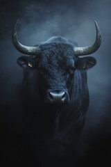 Naklejka premium Powerful Black Bull in Dark Misty Atmosphere