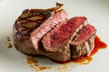 Obraz premium Juicy grilled steak served on a white plate with a rich sauce and perfect doneness displayed for a gourmet dining experience