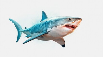 Obraz premium Realistic depiction of a great white shark swimming gracefully under water, showcasing powerful features and sharp teeth