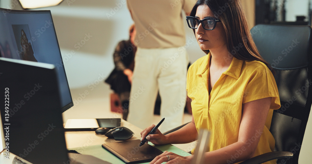 Poster art, woman and photography editor on computer with post production software on graphic tablet. studi