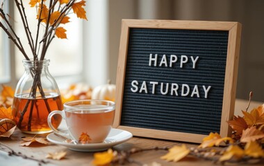 Enjoying Tea on Happy Saturday with Autumn Leaves and Cozy Mood