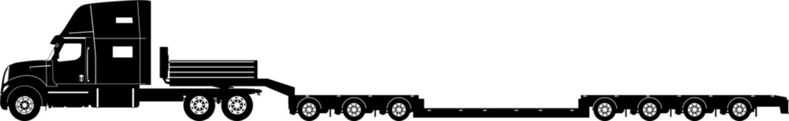 Silhouette of a truck with a deck flatbed semi-trailer. Vector.	